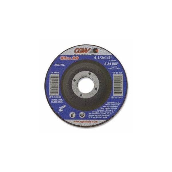 Cgw Abrasives 1/4 in Depressed Center Wheel Type 27, 4-1/2 in dia, 7/8 in Arbor, A24R, 25PK 421-35620 - main