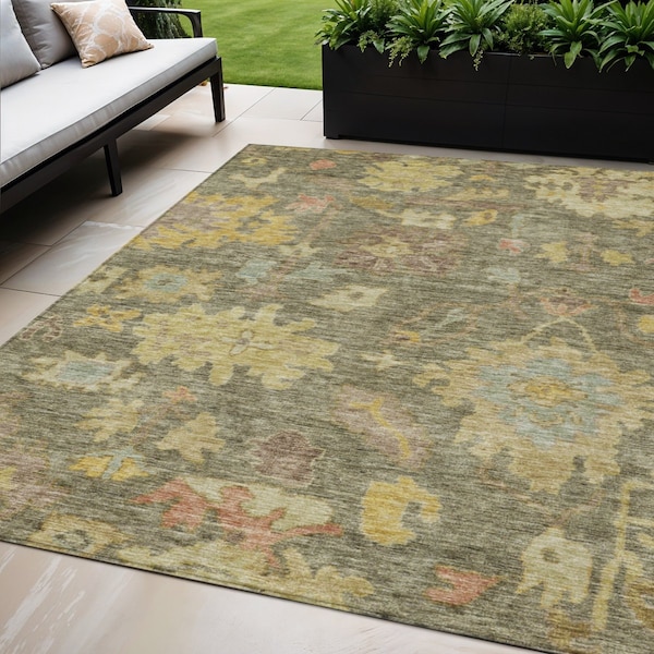 Homeroots 5' X 8' Artichoke Green Coral And Brown Floral Washable Indoor Outdoor Area Rug 604103 - main