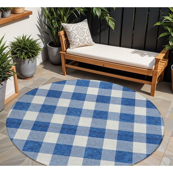 Homeroots 8' Navy Blue And Gray Round Plaid Washable Indoor Outdoor Area Rug 595411 - main