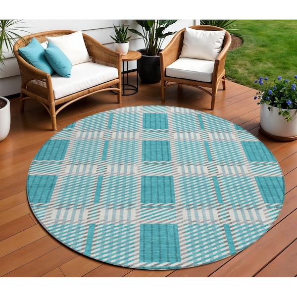 Homeroots 8' Teal Blue Gray And Ivory Round Plaid Washable Indoor Outdoor Area Rug 597591 - main