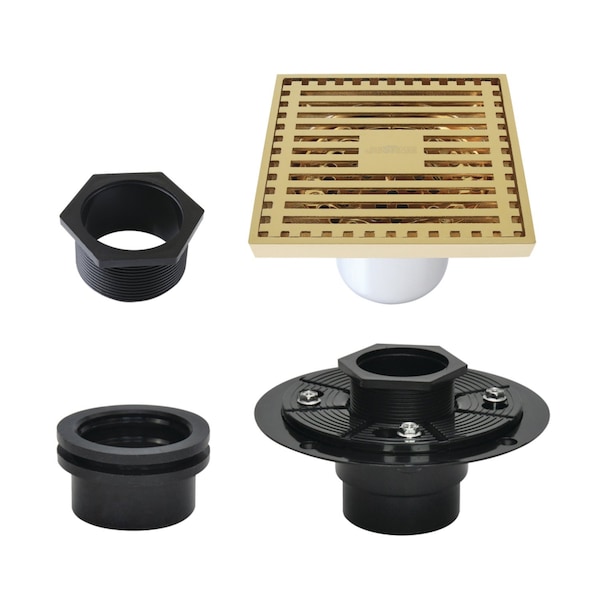 Kingston Brass 4" Brass Square Grid Shower Drain with Hair Strainer and Base Flange, Polished Brass BSFK4464PB - main