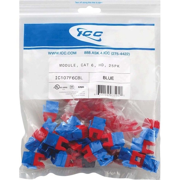 Icc Cat6 RJ45 Keystone Jack (Blue, 25-Pack), 25PK IC107F6CBL - main