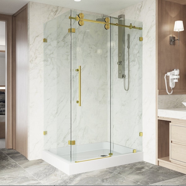 Vigo 36 in. L x 48 in. W x 79 in. H Frameless Sliding Shower Enclosure Kit in Matte Brushed Gold VG6051MGCL48WR - main