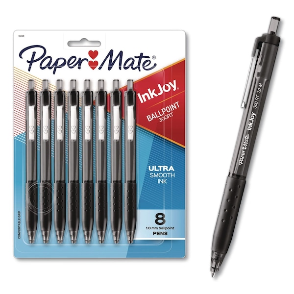 Paper Mate InkJoy 300 RT Ballpoint Pen, Retractable, Medium 1 mm, Black Ink, Black Barrel, 8PK 1781565/1945920 - main