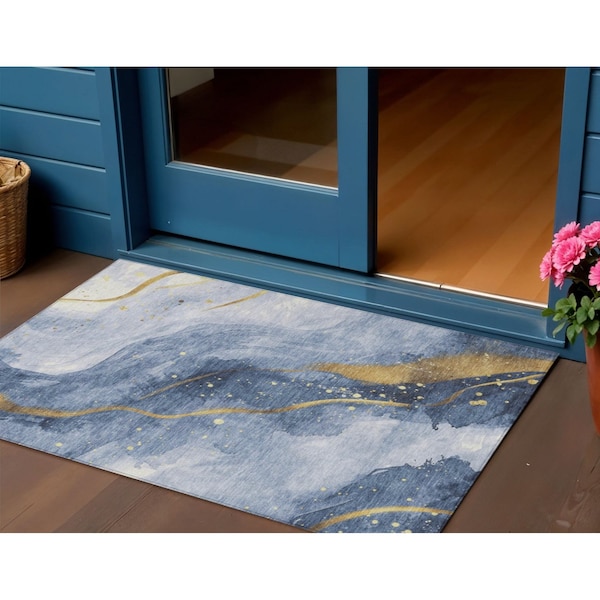 Homeroots 3' X 5' Blue And Gold Abstract Washable Indoor Outdoor Area Rug 611330 - main
