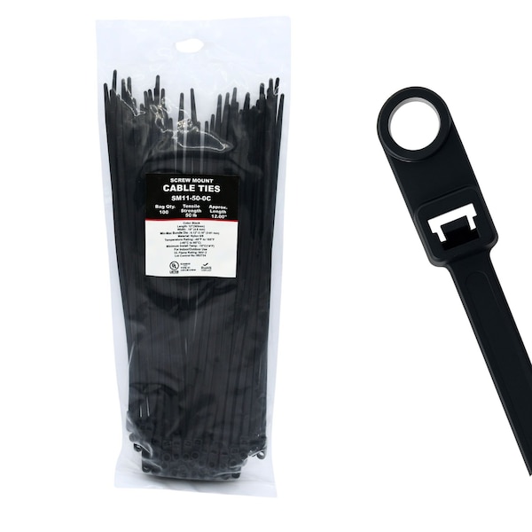 Cable Ties Unlimited Screw Mount Cable Tie, 11 in L, 50 lb Strength, 3.2 in Max Bundle Dia, Nylon, UV-Rated, Black, 100PK SM11-50-0C - main