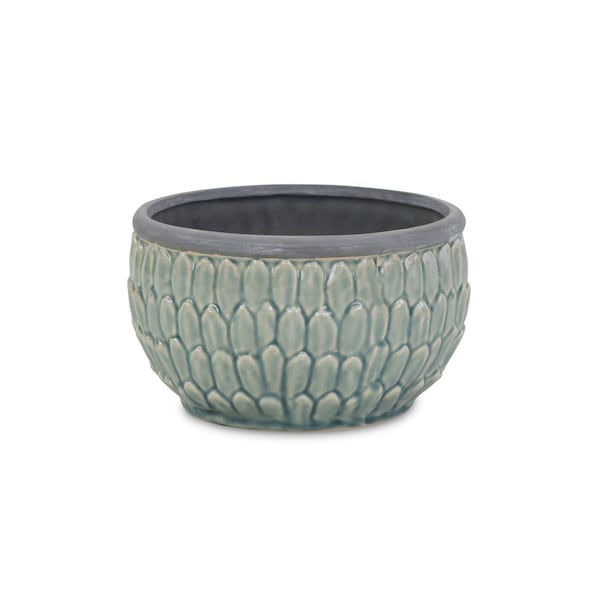 Homeroots 8in Aqua Textural Tone On Tone Ceramic Indoor Outdoor Round Pot Planter 487382 - main