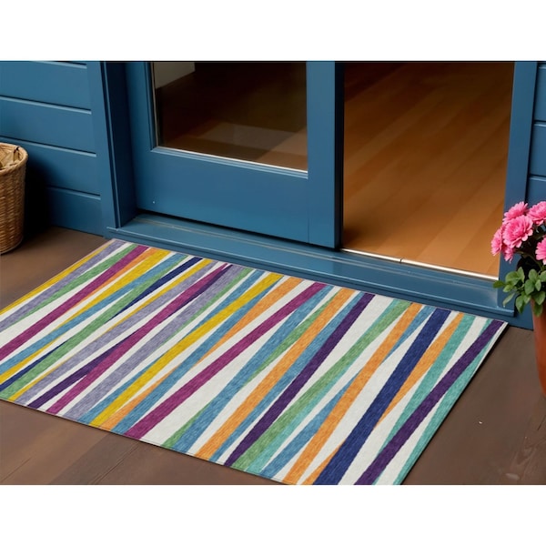 Homeroots 3' X 5' Blue Green And Copper Striped Washable Indoor Outdoor Area Rug 597367 - main