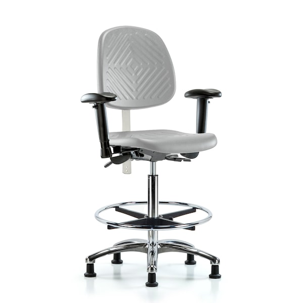 Blue Ridge Ergonomics CL100CleanRoom Chair-High Bench Ht with Med Back, Seat Tilt, Adj Arms, Chr FR, &Stat Glides in Gray Poly NCR-PHBCH-MB-CR-T1-A1-CF-RG-GRY - main