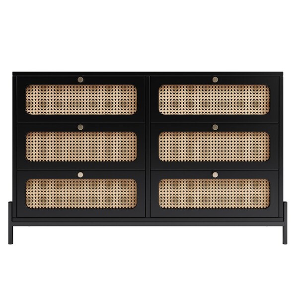 Homeroots 47" Black Wood And Rattan Six Drawer Double Dresser 653110 - main