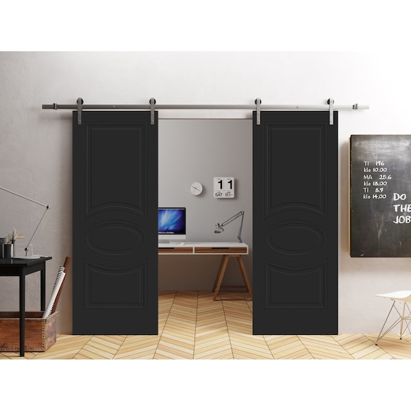 Vdomdoors Modern Double Barn Door 48" x 96" inches / Mela 7001 Painted Black / 13FT Silver Rail Track Set / S MELA7001DB-S-TCF-4896 - main