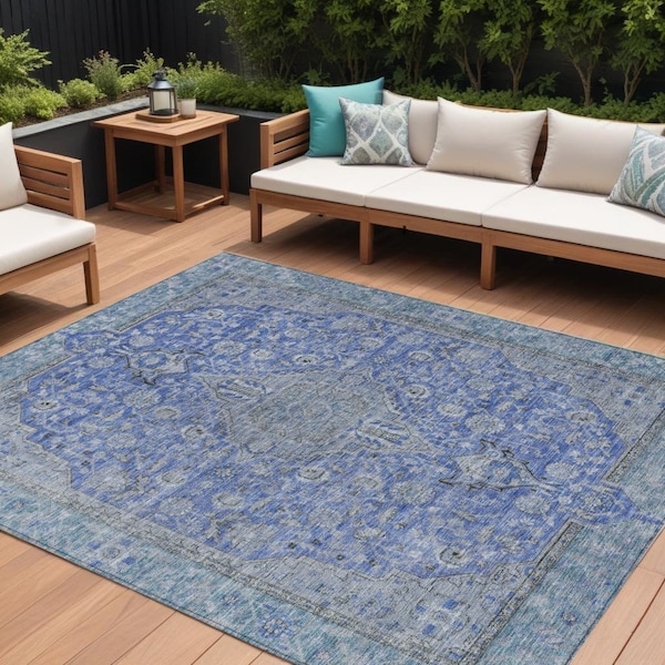 Homeroots 8' X 10' Blue And Gray Medallion Washable Indoor Outdoor Area Rug 616265 - main