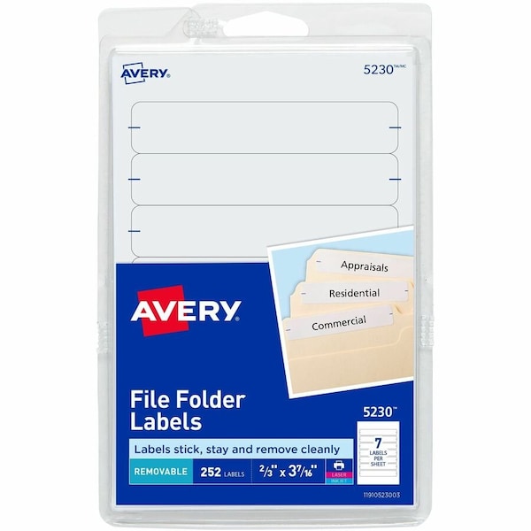 Avery Removable Inkjet/Laser Filing Labels, 2/3 x 3-7/16, White, 252/Pack 5230 - main