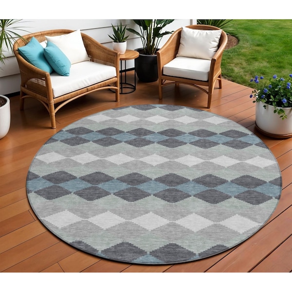 Homeroots 8' Gray Black And Green Round Geometric Washable Indoor Outdoor Area Rug 597904 - main