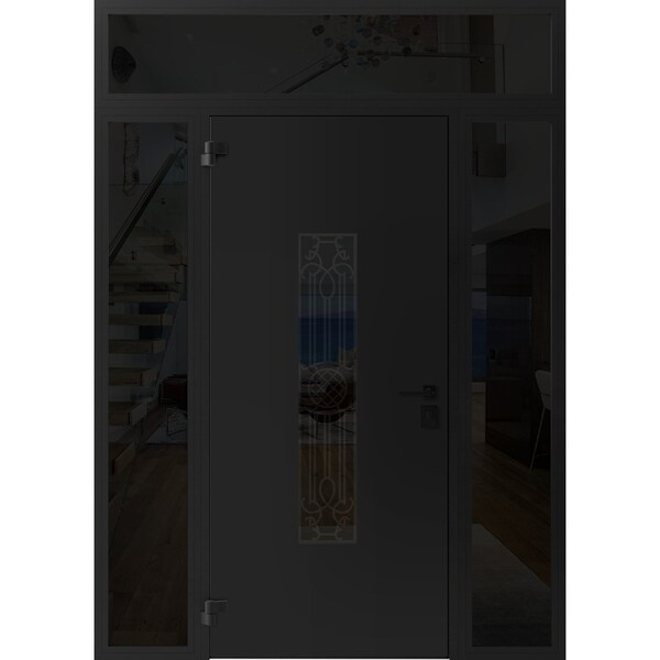 Vdomdoors Front Exterior Prehung Steel Door Ronex1477 Black Enamel 2 Sidelight and Transom Window Sidelite RONEX1477EXD-BLK-W16+36+16xH80+16-RH-I - main