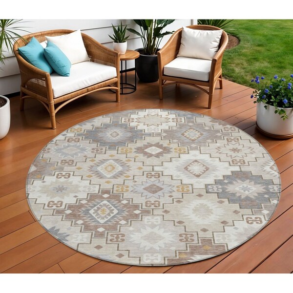 Homeroots 8' Ivory Gold And Gray Round Southwestern Washable Indoor Outdoor Area Rug 632271 - main