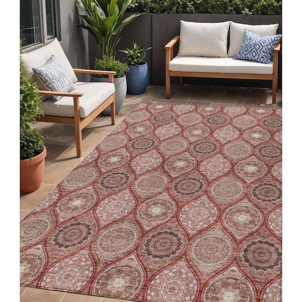 Homeroots 5' X 8' Orange Beige And Gray Floral Medallion Washable Indoor Outdoor Area Rug 614624 - main
