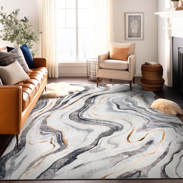World Rug Gallery Contemporary Marble Washable Non Slip Area Rug 5 ft x 7 ft Gray WR80GRAY5X7 - main