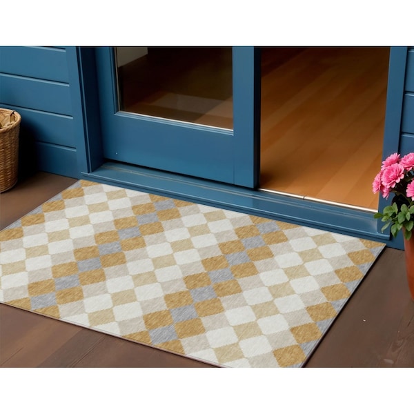 Homeroots 3' X 5' Gold Copper And Ivory Geometric Washable Indoor Outdoor Area Rug 597896 - main