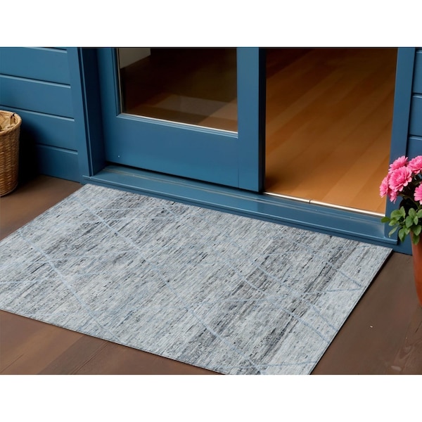 Homeroots 3' X 5' Blue And Gray Trellis Washable Indoor Outdoor Area Rug 616484 - main