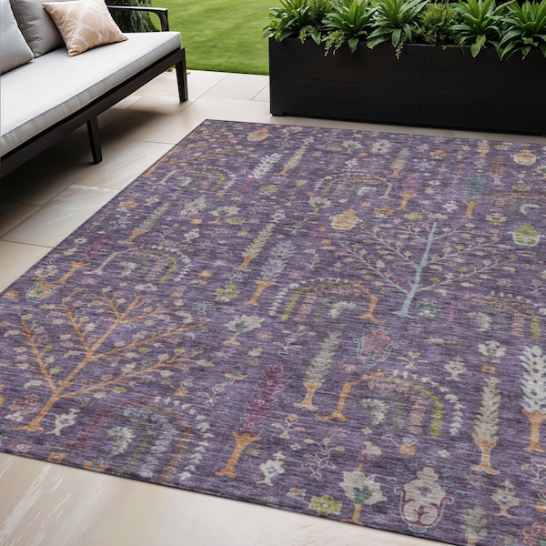Homeroots 5' X 8' Eggplant Terra Cotta And Green Floral Washable Indoor Outdoor Area Rug 605266 - main
