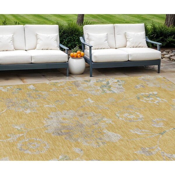 Homeroots 10' X 14' Gold Beige And Fern Green Floral Washable Indoor Outdoor Area Rug 589469 - main