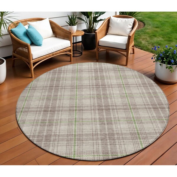 Homeroots 8' Beige Ivory And Green Round Plaid Washable Indoor Outdoor Area Rug 597077 - main
