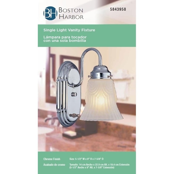 Boston Harbor RF-V-026-CH Vanity Light Fixture, 60 W, 1-Lamp, A19 or CFL Lamp, Steel Fixture, Chrome Fixture RF-V-026-CH3L - main