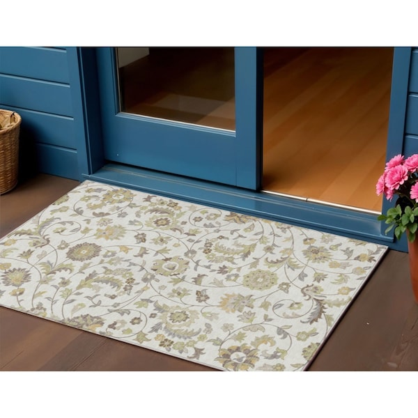 Homeroots 3' X 5' Ivory Brown And Green Floral Washable Indoor Outdoor Area Rug 597818 - main