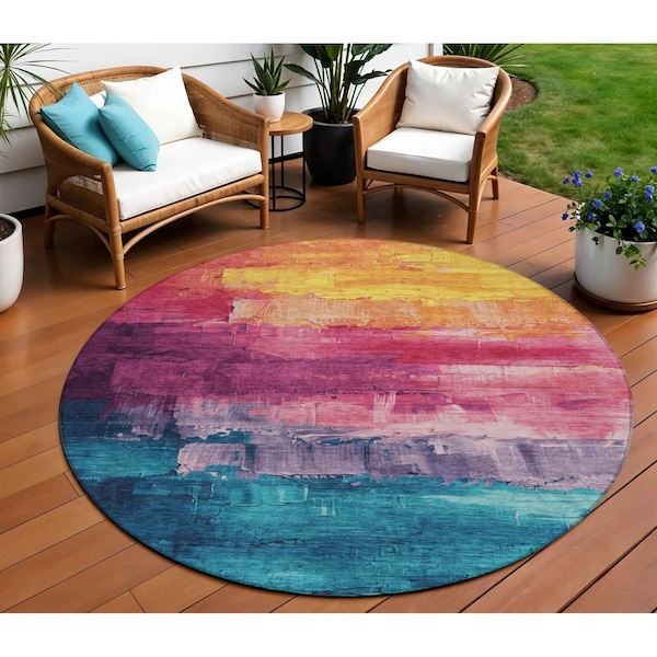 Homeroots 8' Merlot And Blush Round Abstract Washable Indoor Outdoor Area Rug 610945 - main