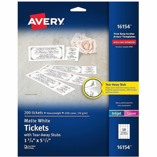 Avery reg Perforated Raffle Tickets with TearAway Stubs 2Sided Printing, White, 1000PK AVE16154CT - main