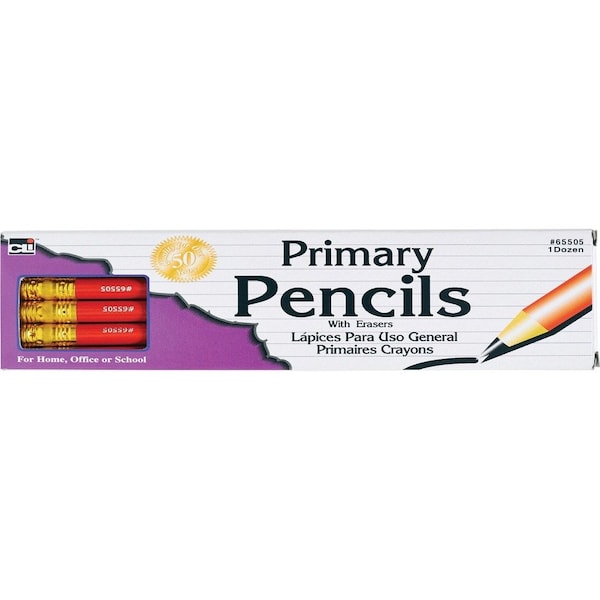 Charles Leonard Primary Pencil, 0.41", Red with Eraser, 12 Per Box, PK3 65505 - main