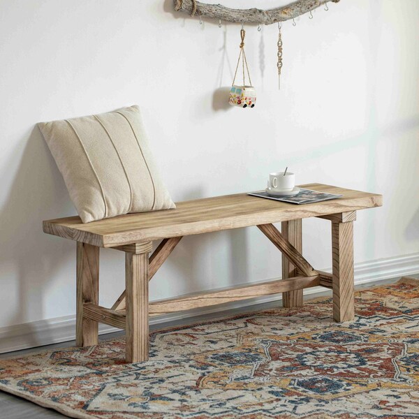 Vintiquewise 46'' Wooden Bench Farmhouse Entryway Organizer Retro Rustic Accent Seat Natural Wood Armless QI004773-48 - main
