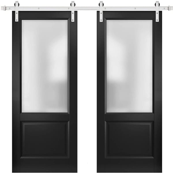 Sartodoors Sturdy Double Barn Door with, Lucia 22 Matte Black with Frosted Glass, Silver 13FT Rail Hangers He LUCIA22DB-S-BLK-36 - main