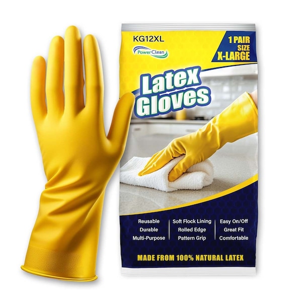Power Clean DISPOSABLE LATEX GLOVES - 12in - 14 MIL - X-LARGE - YELLOW - 12PK KG12XL-12 - main