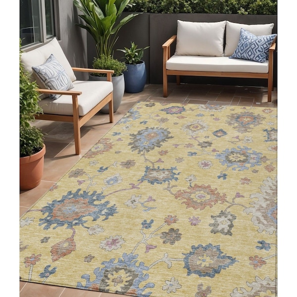 Homeroots 5' X 8' Gold Brown And Blue Floral Washable Indoor Outdoor Area Rug 606153 - main