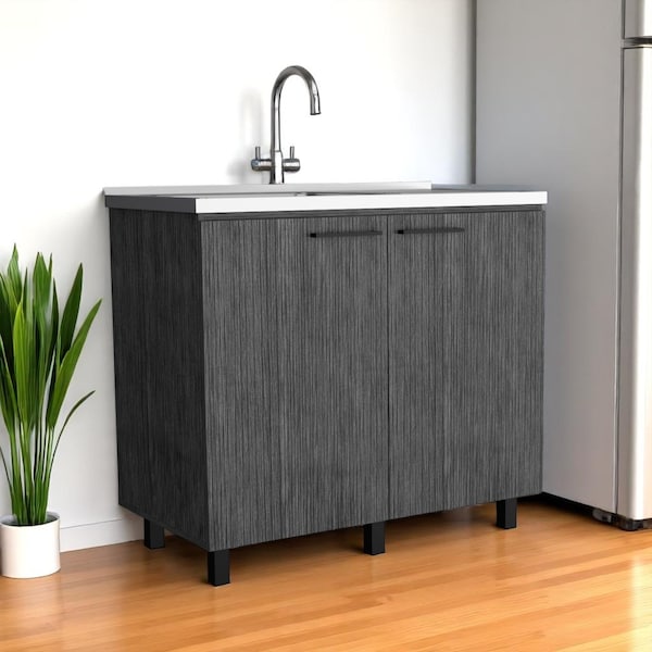 Homeroots 35" X 39" Gray And Silver Stainless Steel and Wood Utility Cabinet With Sink 553692 - main