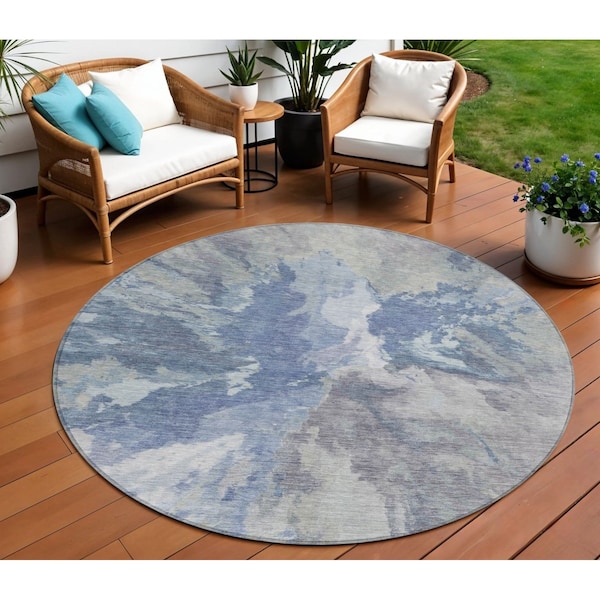 Homeroots 8' Denim Blue And Linen Round Abstract Washable Indoor Outdoor Area Rug 615598 - main