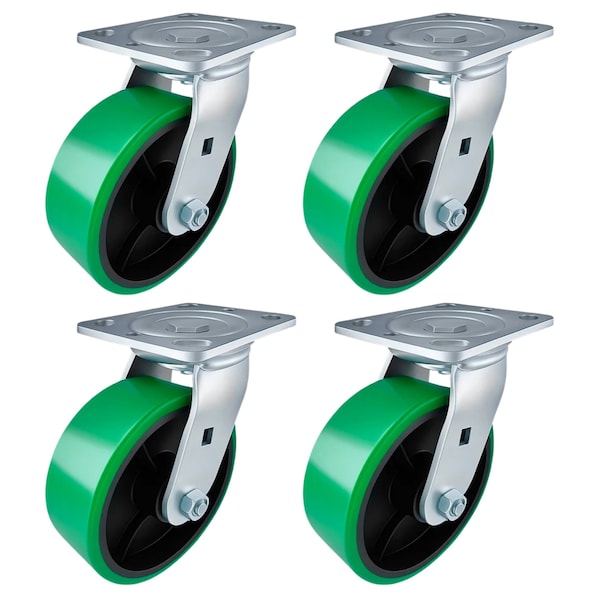Hyw Products Heavy Duty Caster Set 6in Green Polyurethane on Cast Iron Wheels, 4 Swivel, 4PK 40-60S-A1-PC-4 (G) - main