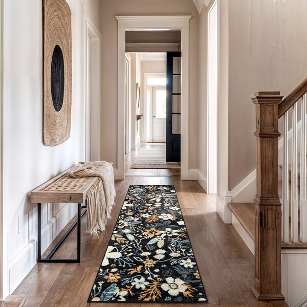 World Rug Gallery Garden Floral Runner Rug 2 ft 3 in x 12 ft Black WR147BLACK27X12 - main