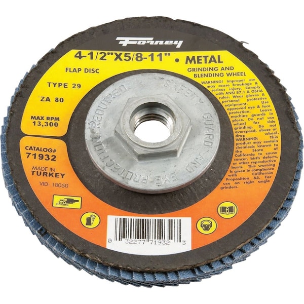Forney 4-1/2'' x 5/8''-11 80-Grit Type 29 Blue Zirconia Angle Grinder Flap Disc 71932 - main