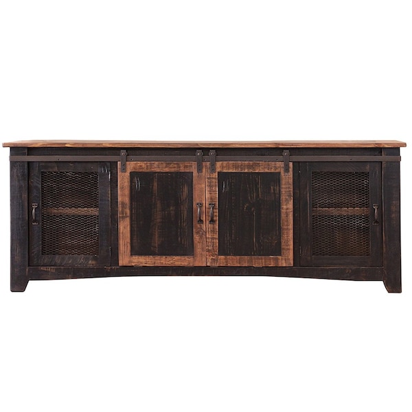 Homeroots 79" Black Solid Wood Cabinet Enclosed Storage Distressed TV Stand 528711 - main