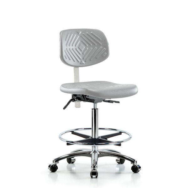 Blue Ridge Ergonomics Class 100 Poly Clean Room Chair-High Bench Ht with Seat Tilt, Chrome Foot Ring, &Casters in Gray Poly NCR-PHBCH-CR-T1-A0-CF-CC-GRY - main