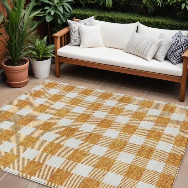 Homeroots 9' X 12' Orange And Beige Plaid Washable Indoor Outdoor Area Rug 595419 - main