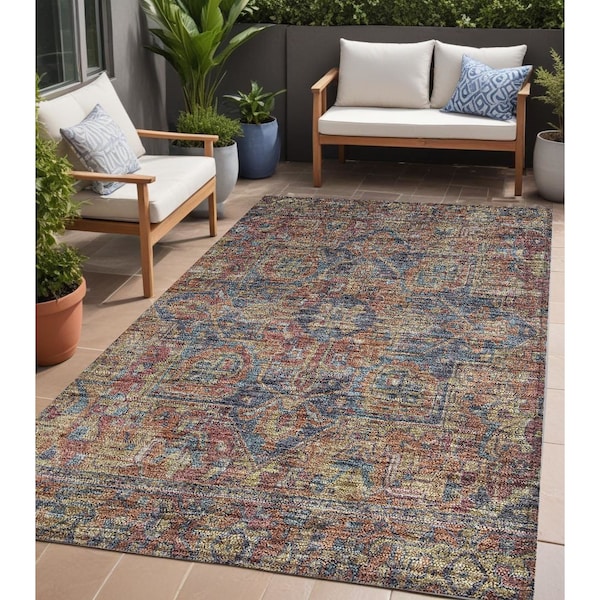 Homeroots 5' X 8' Red Orange and Blue Oriental Washable Non Skid Indoor Outdoor Area Rug 563839 - main