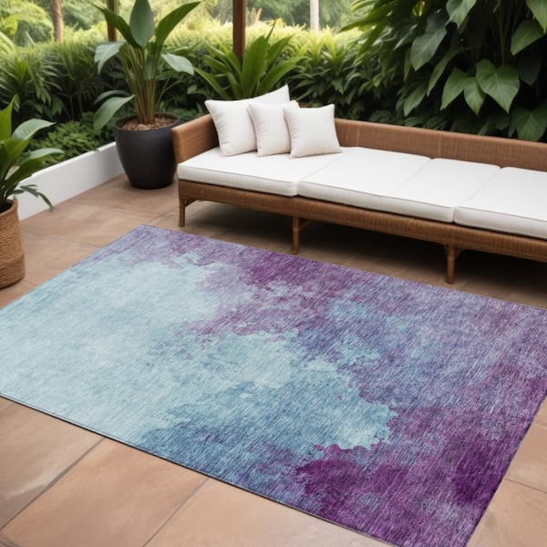 Homeroots 8' X 10' Sky Blue And Purple Abstract Washable Indoor Outdoor Area Rug 604842 - main