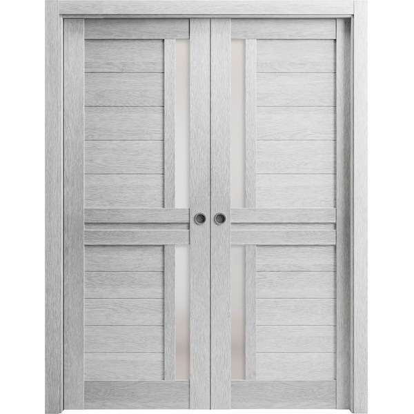 Sartodoors Sliding French Dbl Pocket Doors 64 x 96in, Light Grey Oak W/ Frosted Glass, Kit Trims Rail Hardware VEREGIO7288DP-OAK-6496 - main