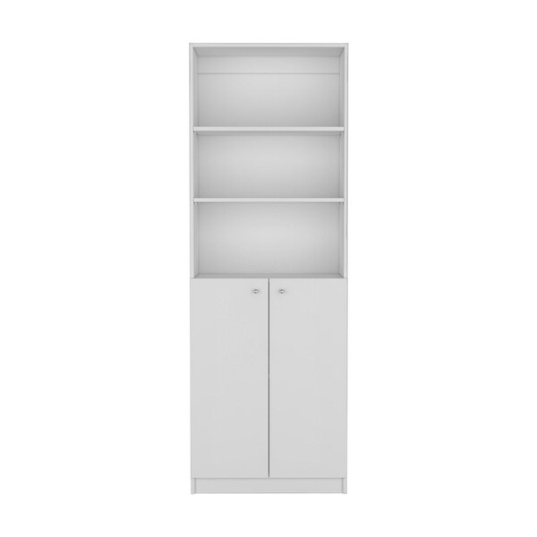 Homeroots 71" White Wood Three Tier Bookcase with Two Doors 546595 - main