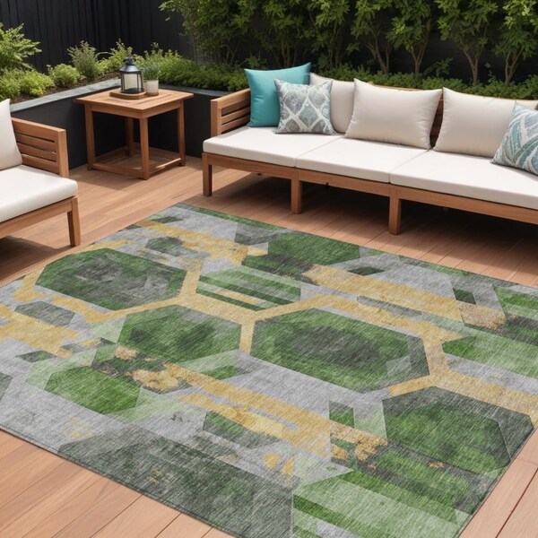 Homeroots 9' X 12' Green Gold And Silver Geometric Washable Indoor Outdoor Area Rug 618749 - main
