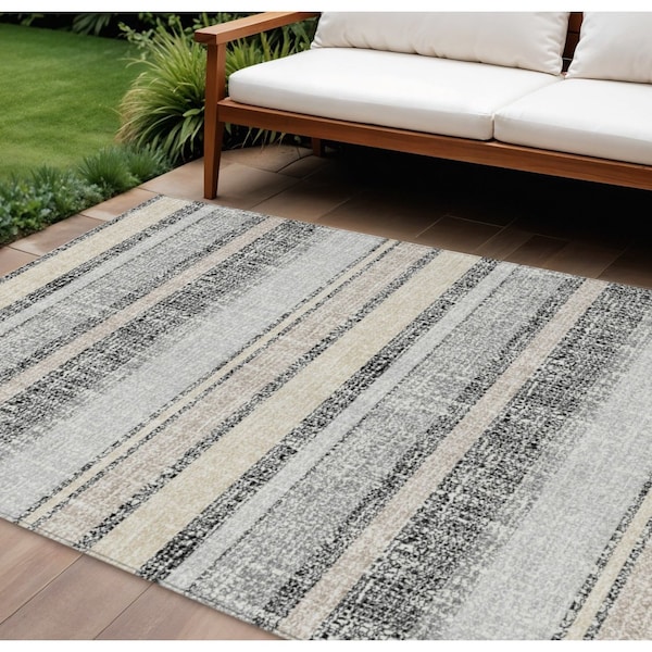 Homeroots 8' X 10' Black And Silver Striped Washable Indoor Outdoor Area Rug 632200 - main
